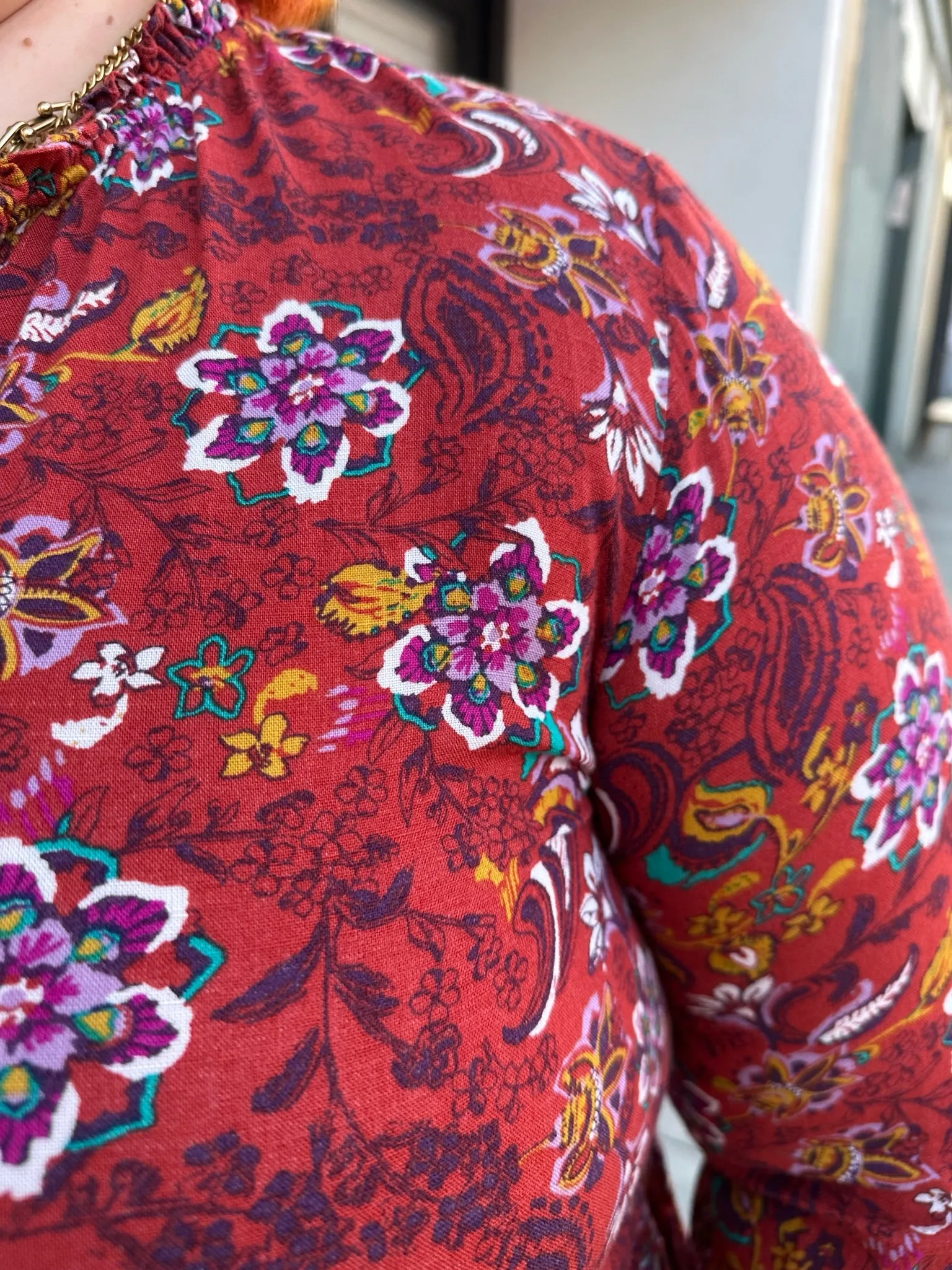 Deep Red Multicolor Floral Baby Doll Blouse, Size 1/2X