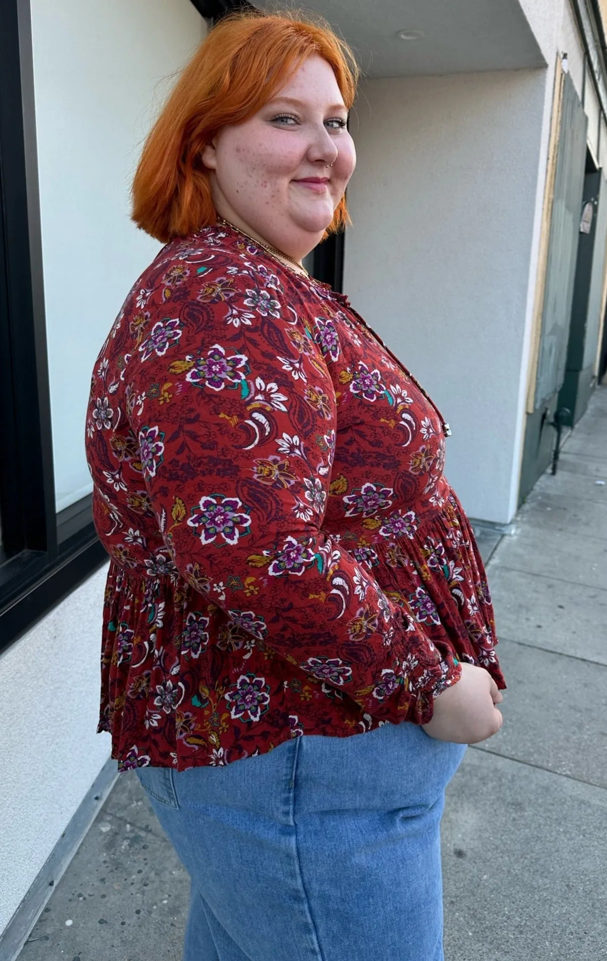 Deep Red Multicolor Floral Baby Doll Blouse, Size 1/2X