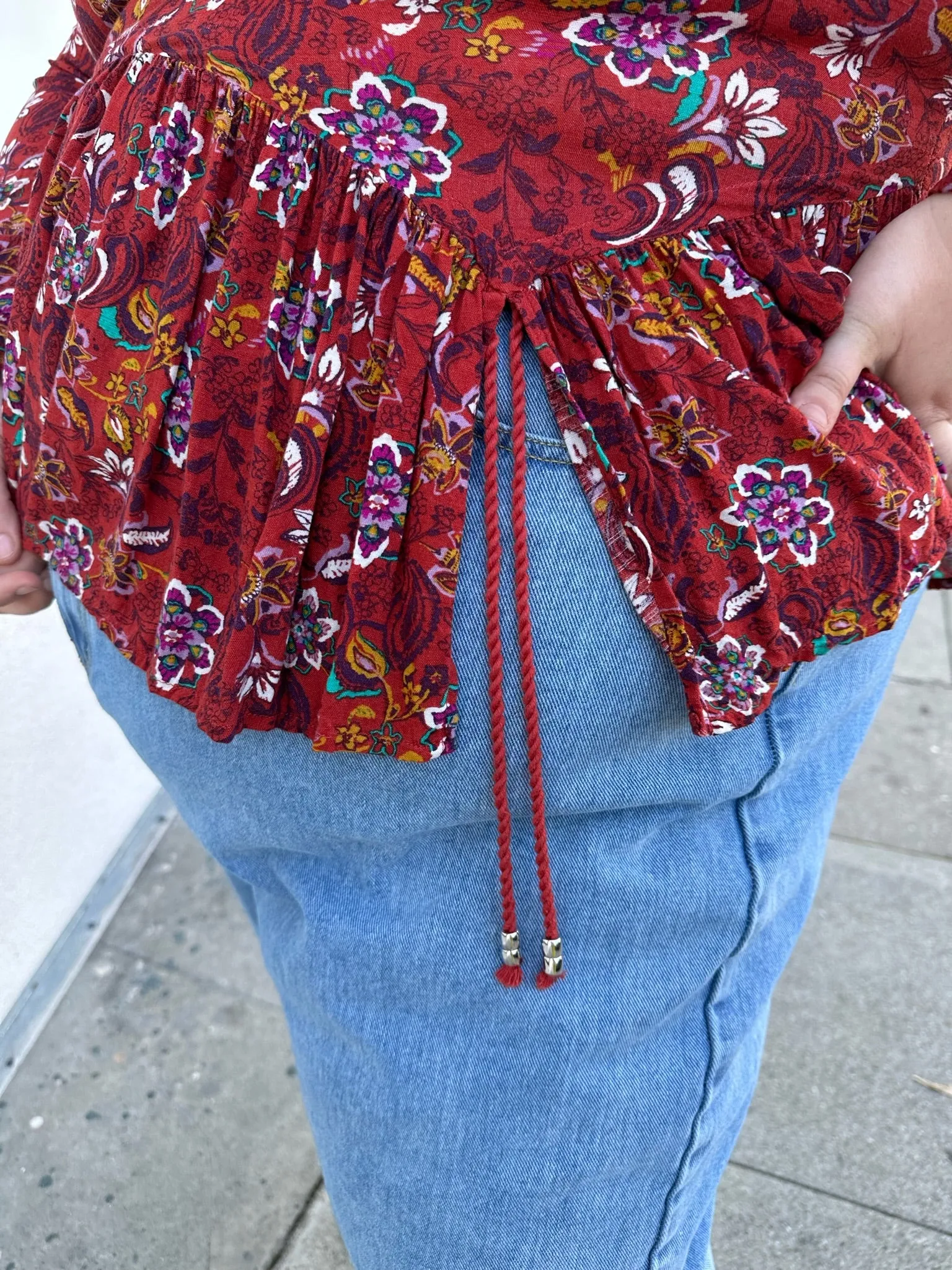 Deep Red Multicolor Floral Baby Doll Blouse, Size 1/2X