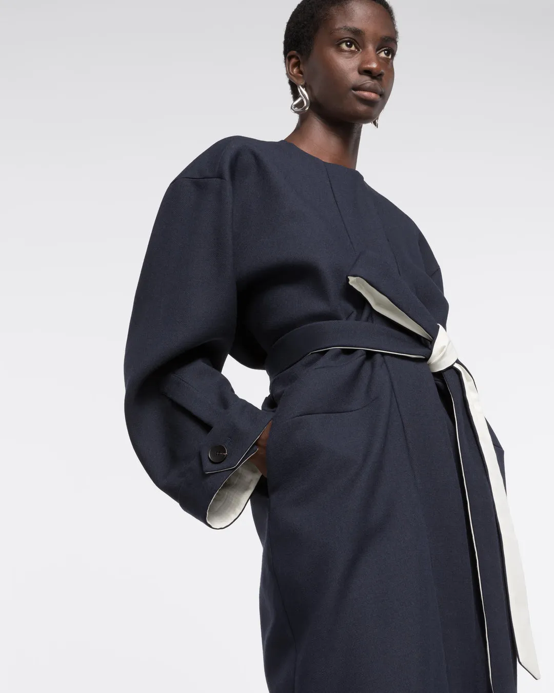 DRAPED WOOL COAT - NAVY