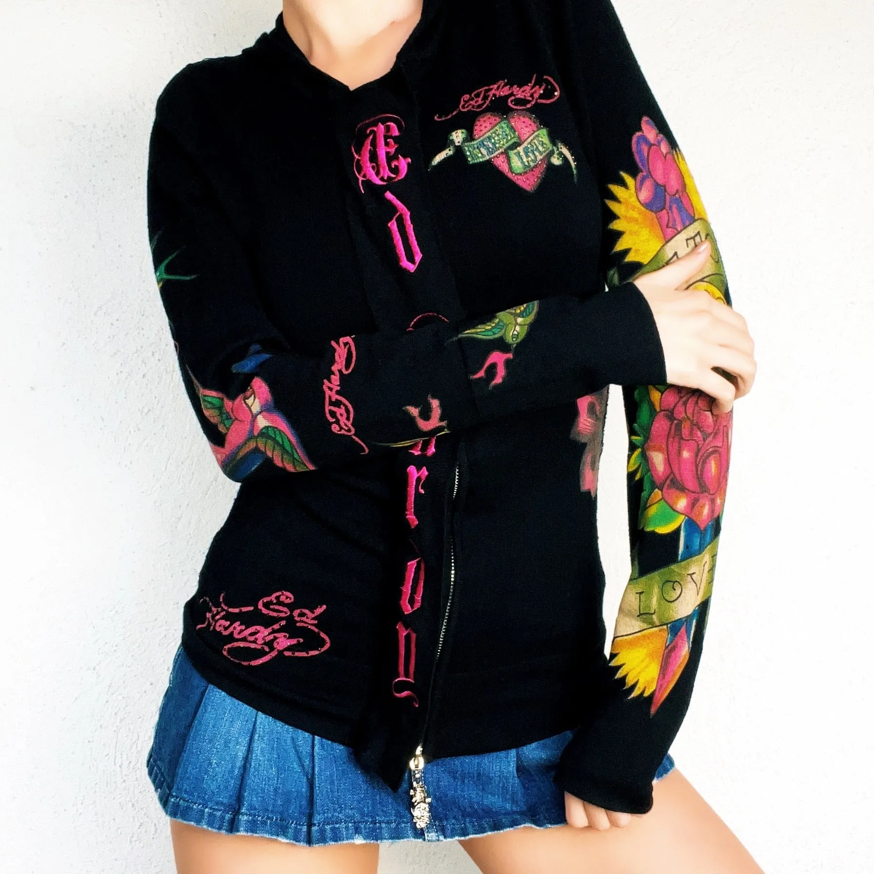 Ed Hardy Embroidered Double Zip Hoodie (S/M)