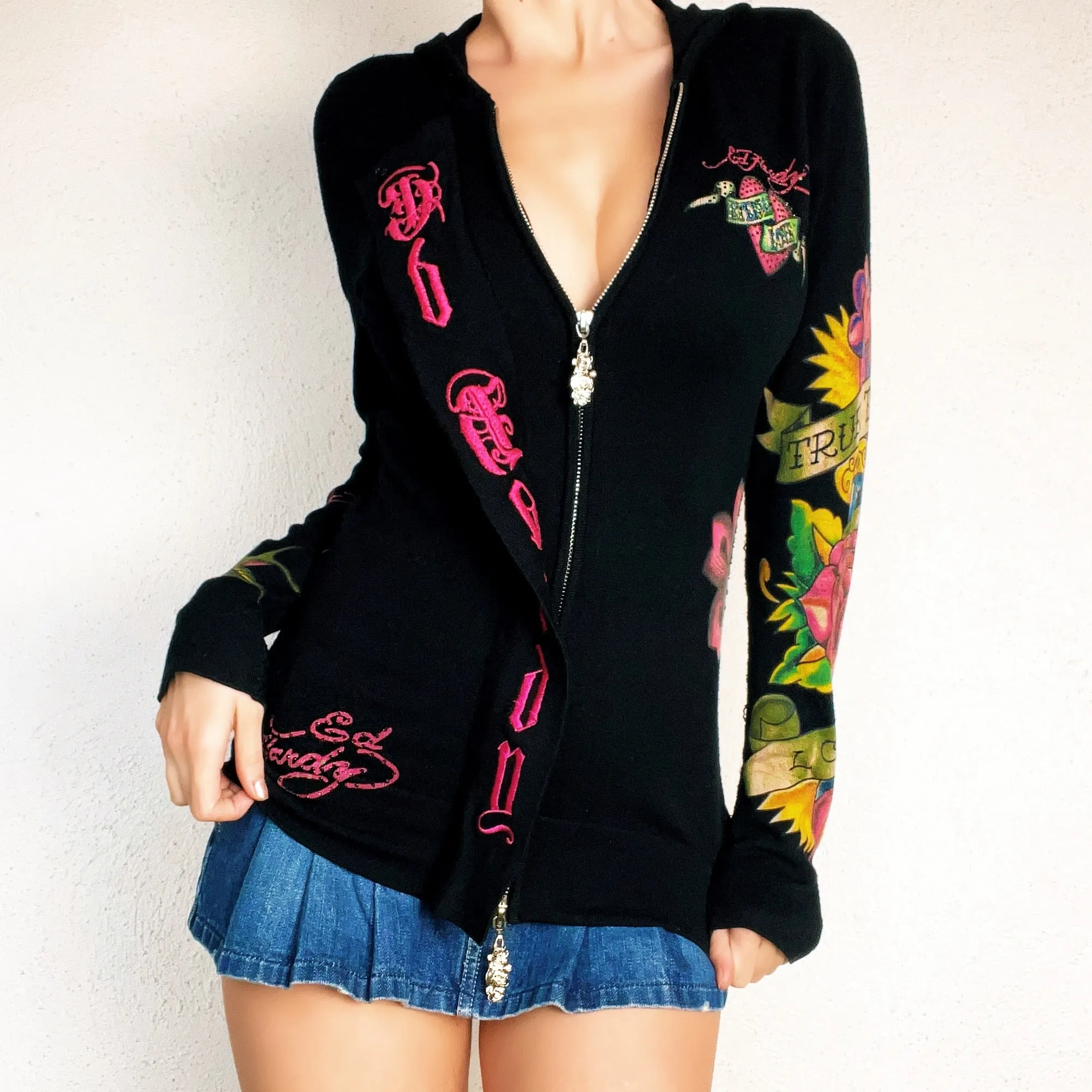 Ed Hardy Embroidered Double Zip Hoodie (S/M)