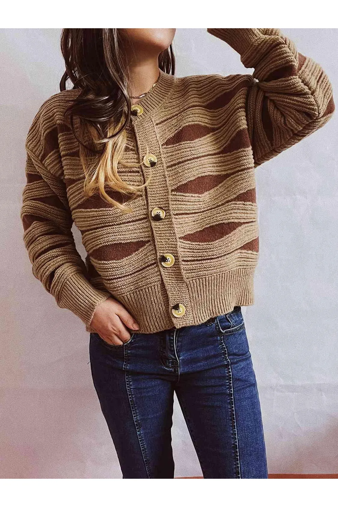 Elena Color Block Button Front Cardigan