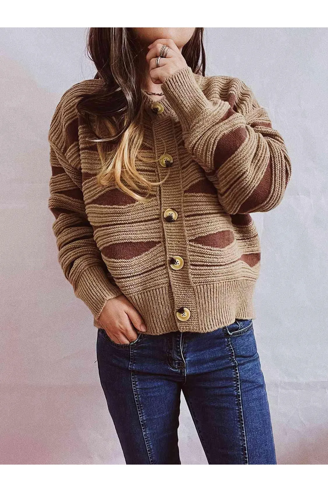 Elena Color Block Button Front Cardigan