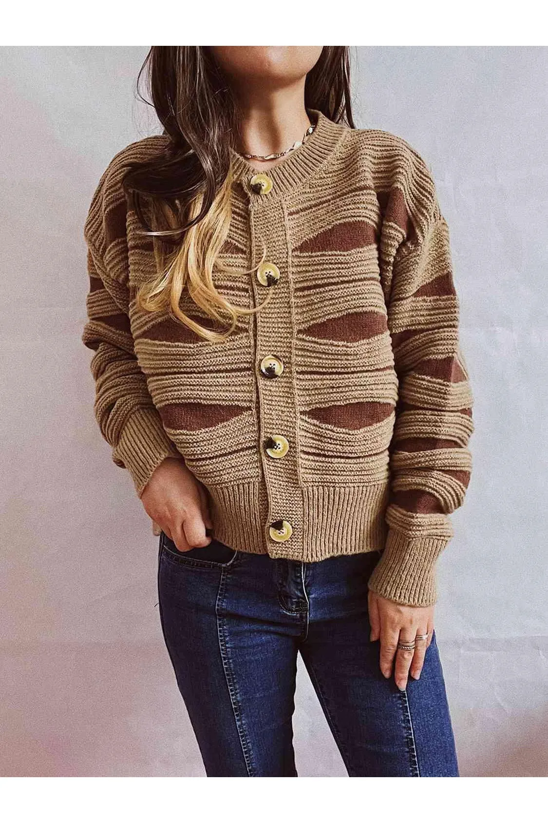 Elena Color Block Button Front Cardigan