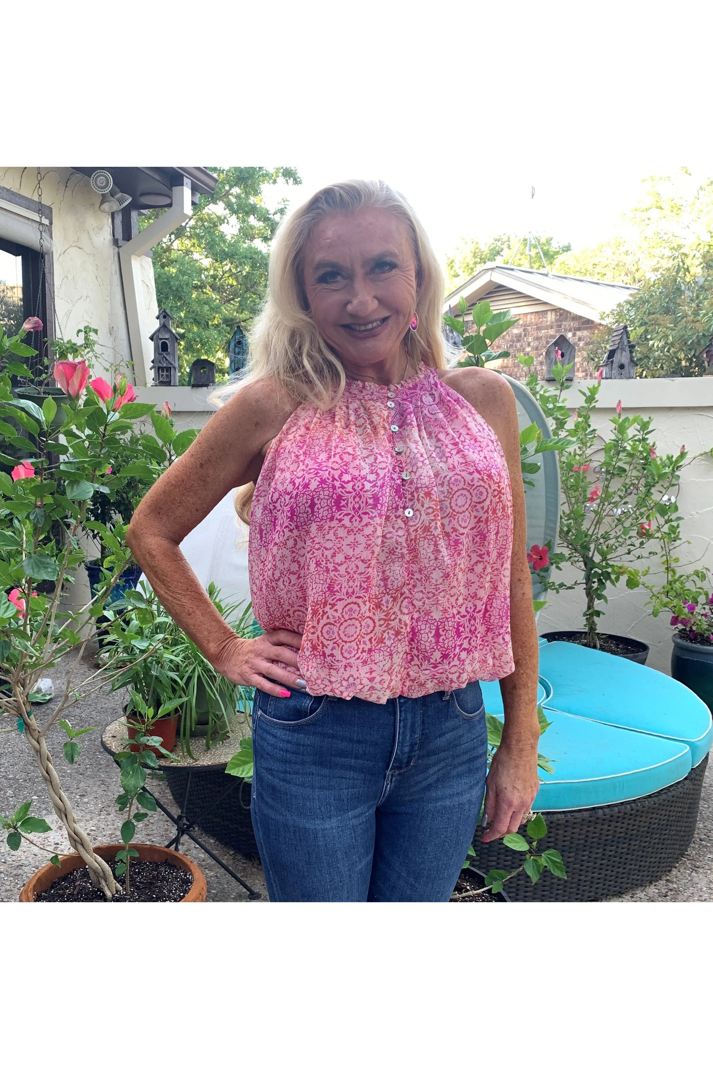 Fate Floral Halter Button Front Blouse In Fuchsia Multi