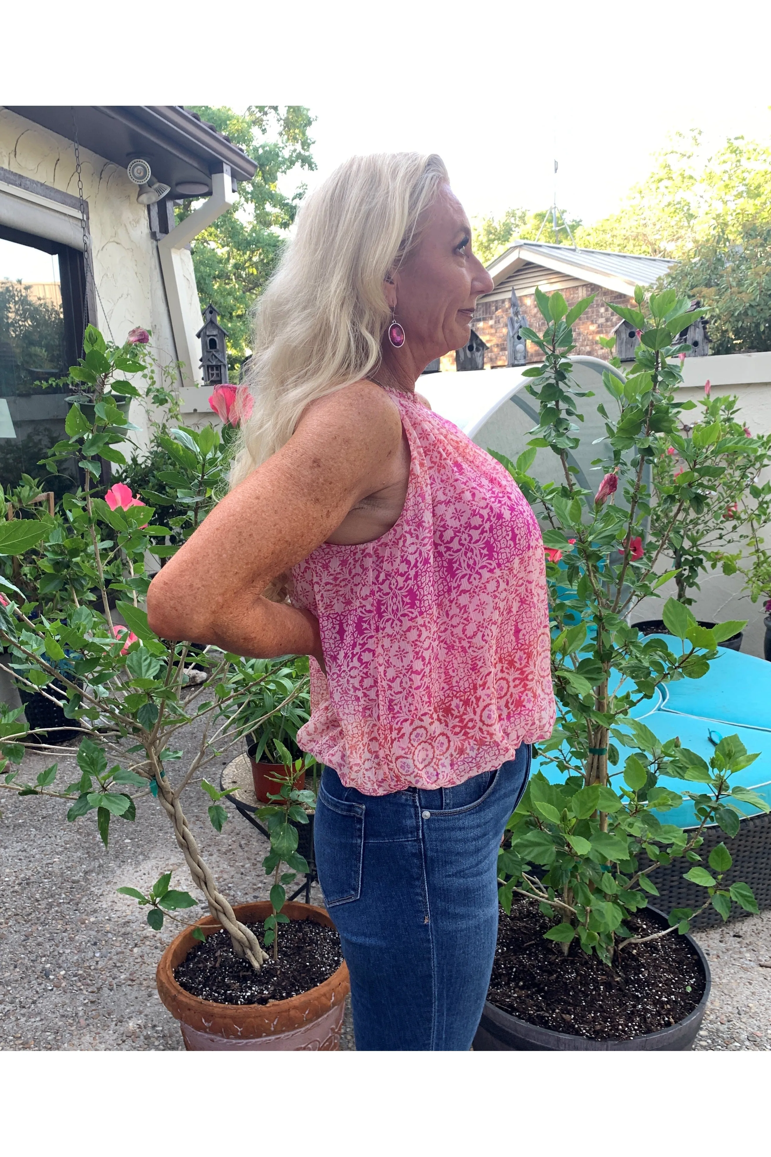 Fate Floral Halter Button Front Blouse In Fuchsia Multi