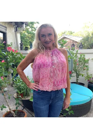 Fate Floral Halter Button Front Blouse In Fuchsia Multi