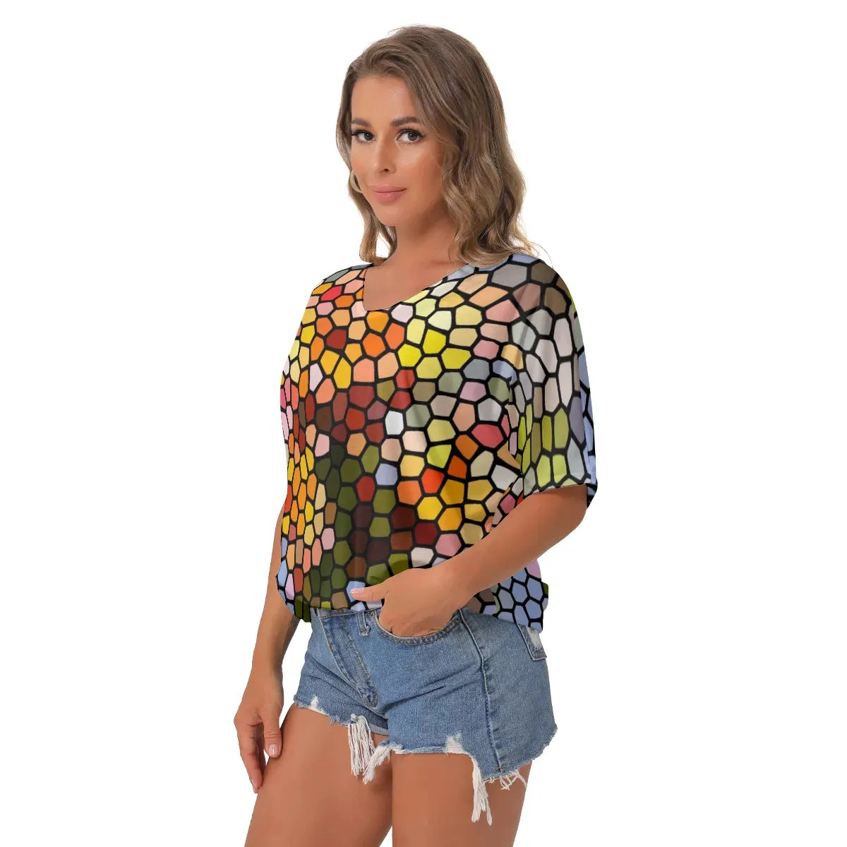 Fresh Frangipanis Stained Glass Bat Sleeves V-Neck Top up to 2 XL (FWS)