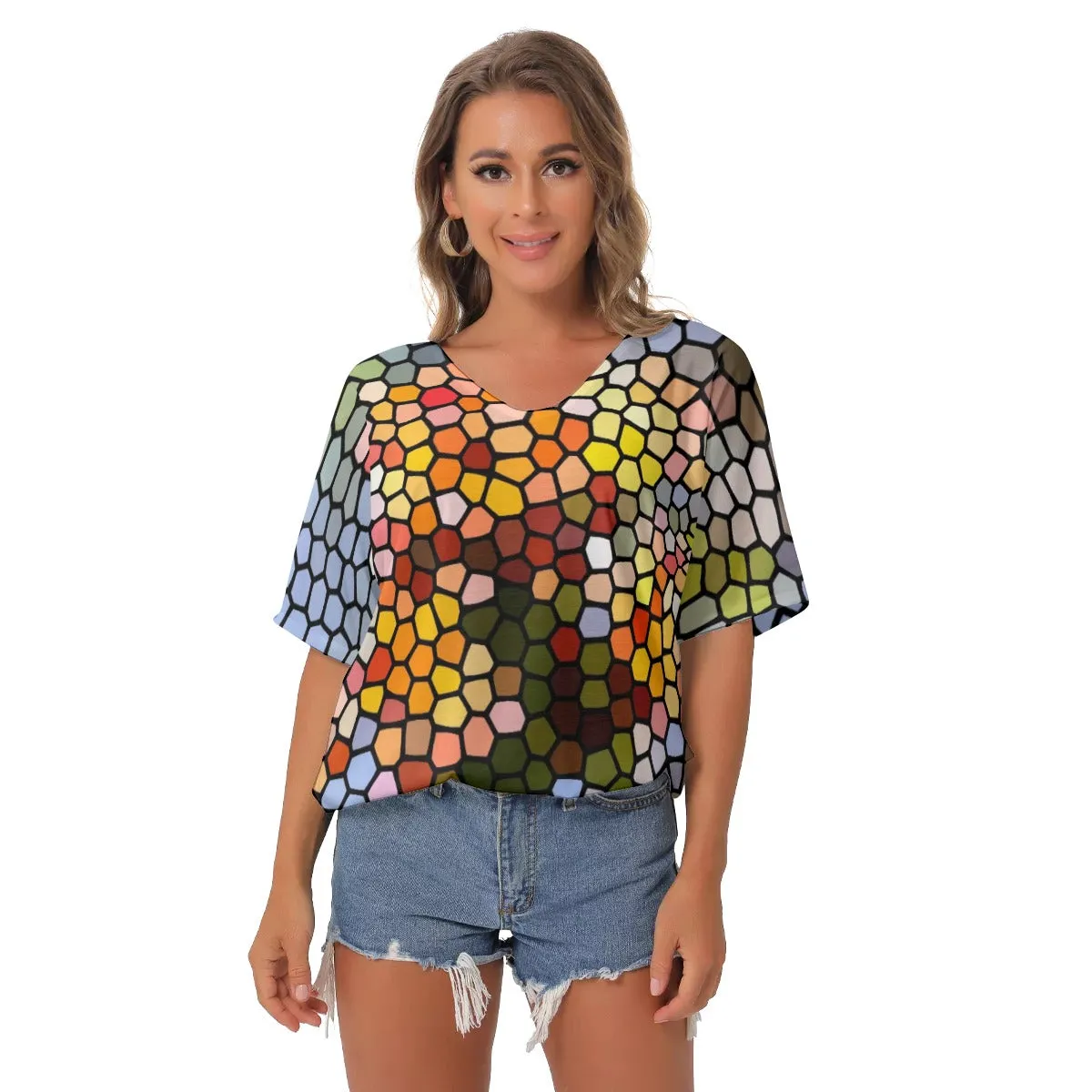 Fresh Frangipanis Stained Glass Bat Sleeves V-Neck Top up to 2 XL (FWS)