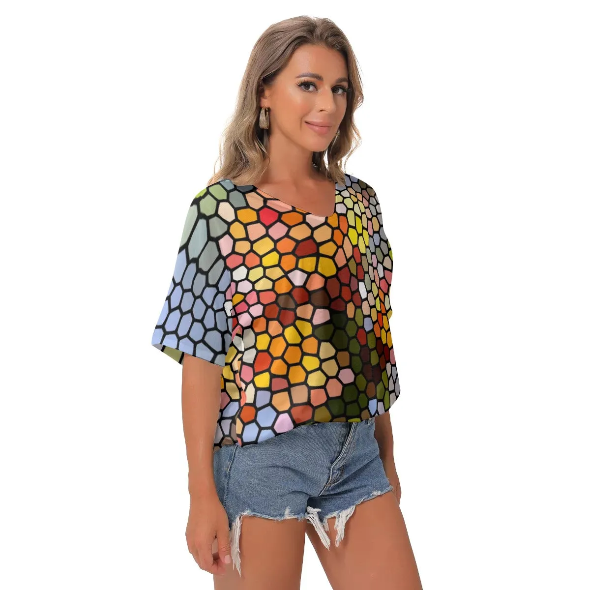 Fresh Frangipanis Stained Glass Bat Sleeves V-Neck Top up to 2 XL (FWS)