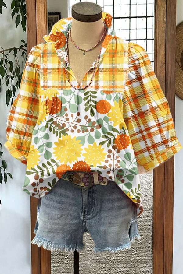 Fresh Plaid Floral Print Puff Sleeve Blouse