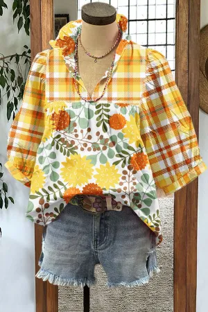 Fresh Plaid Floral Print Puff Sleeve Blouse