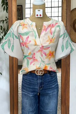 Fresh Plant Print Puff Sleeve Blouse