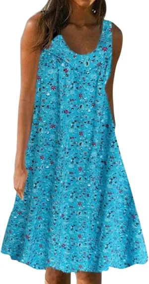 HHmei Women's Summer Dresses 2024 Beach Casual Sleeveless Floral Print Boho Tank Dress V Neck Loose Sundress with Pocket
