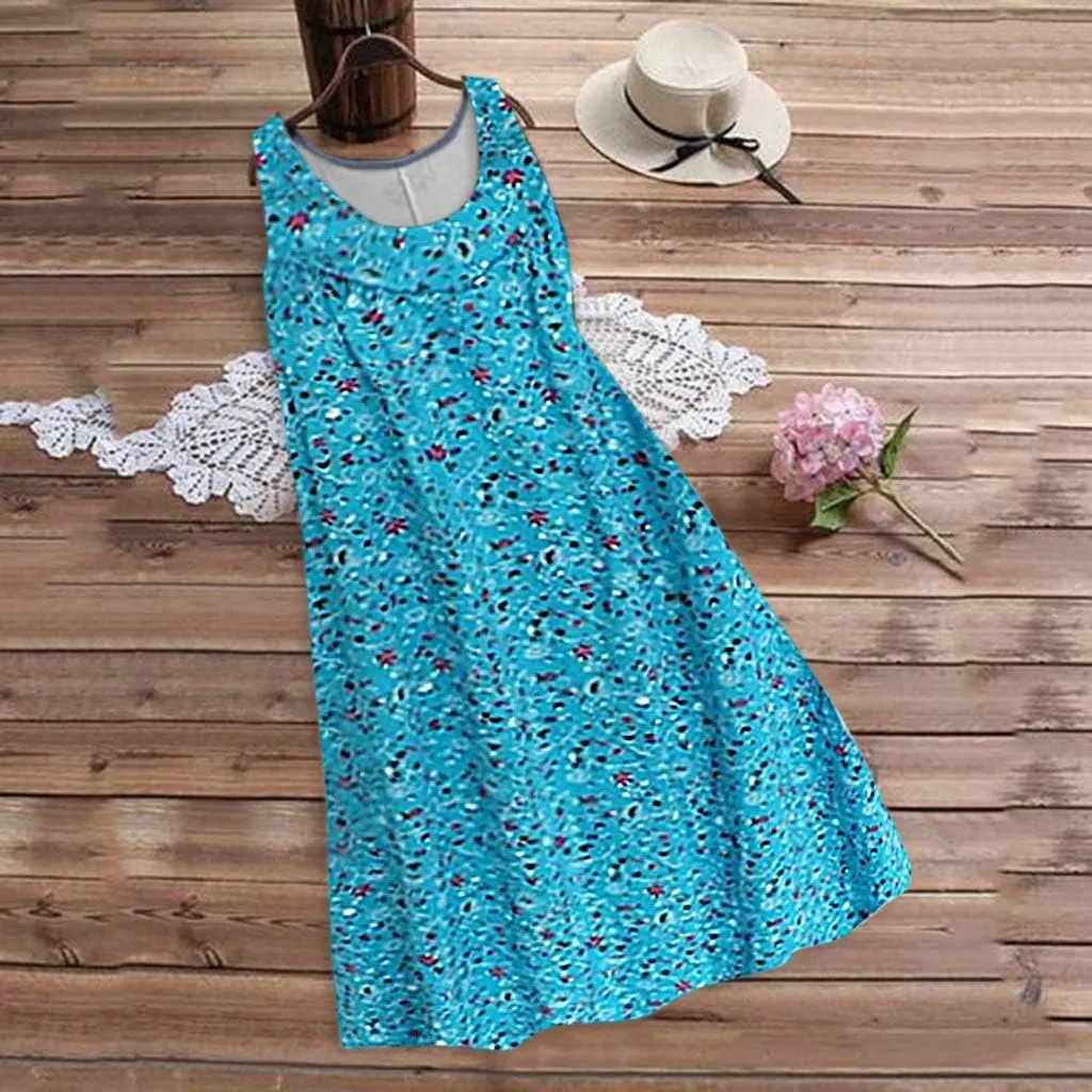 HHmei Women's Summer Dresses 2024 Beach Casual Sleeveless Floral Print Boho Tank Dress V Neck Loose Sundress with Pocket