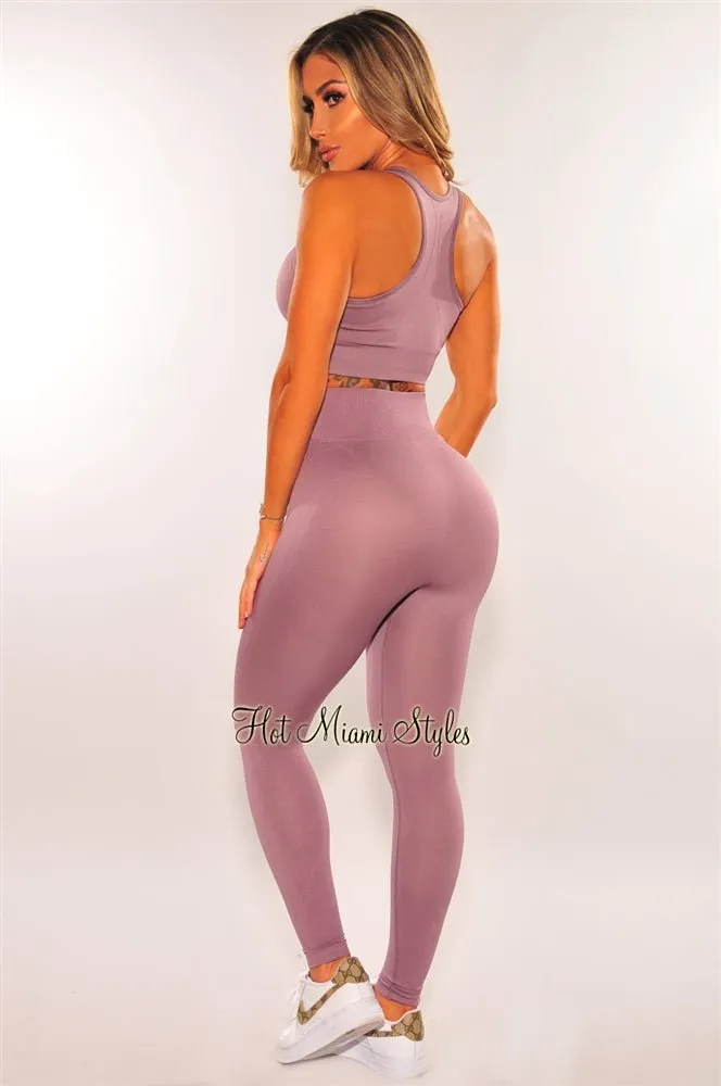 HMS Fit: Purple Haze Seamless Padded Racer Back High Waist Leggings Two Piece Set