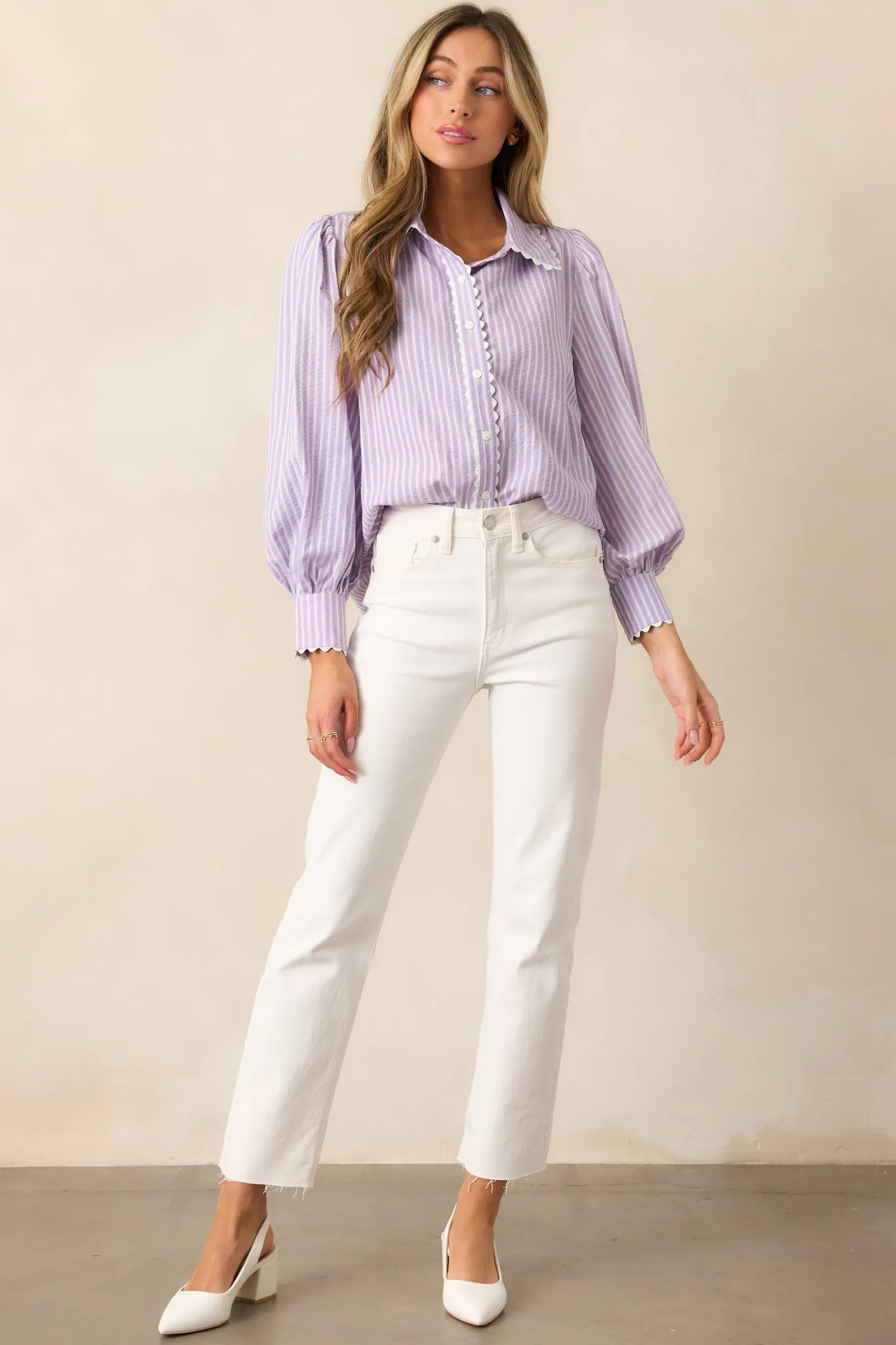 In the Quiet Shade Lavender Button Front Blouse