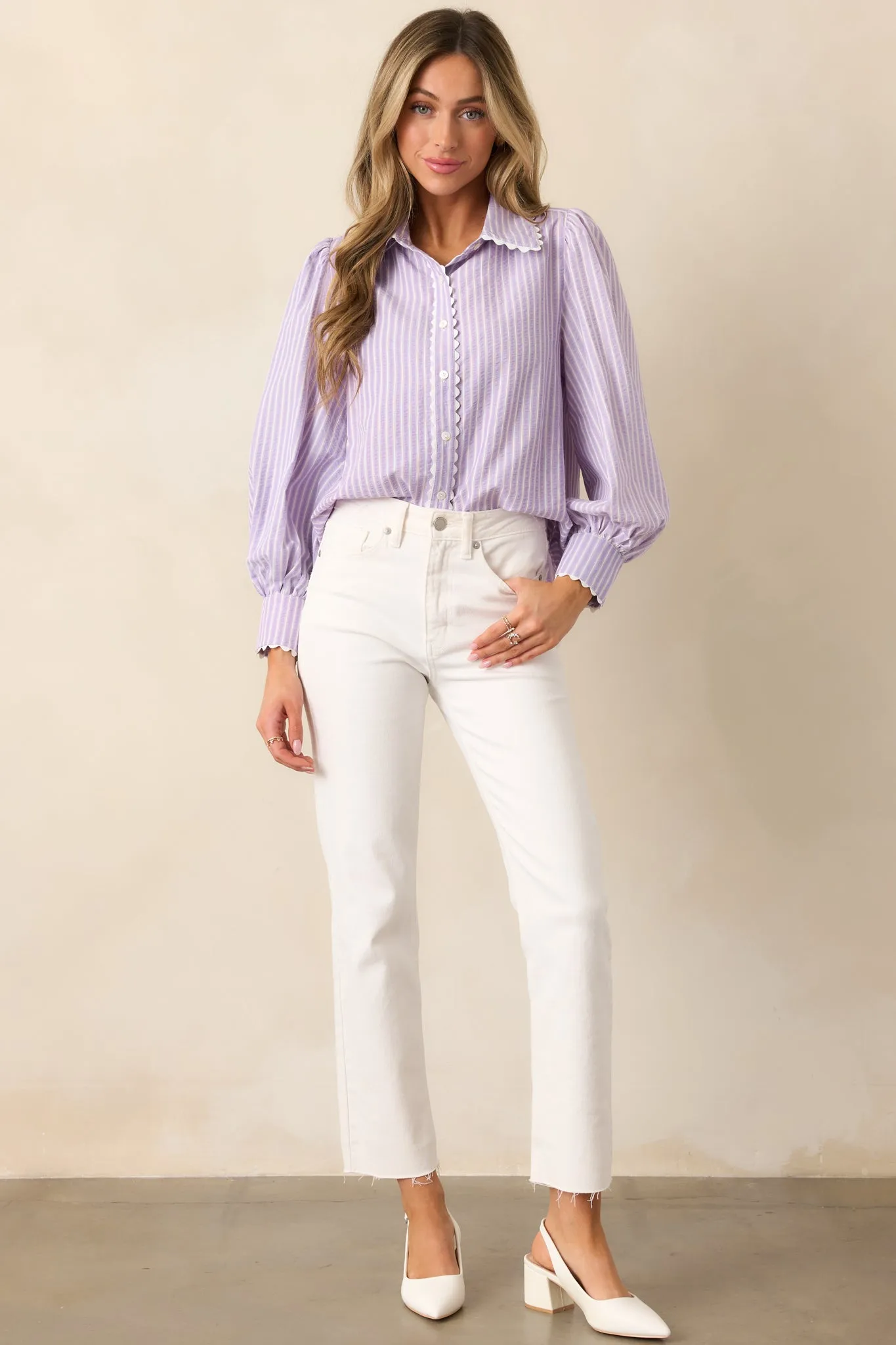 In the Quiet Shade Lavender Button Front Blouse