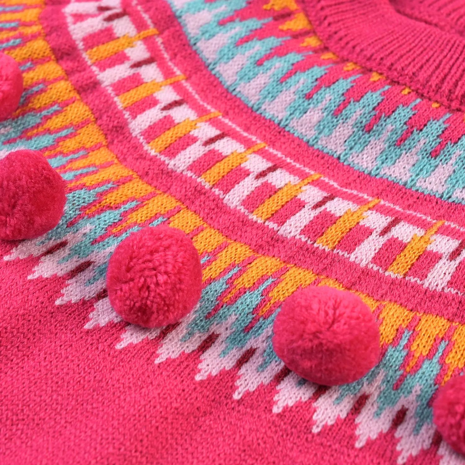 Infant Girls Acrylic Sweater Pompom Fusion-Hot Pink