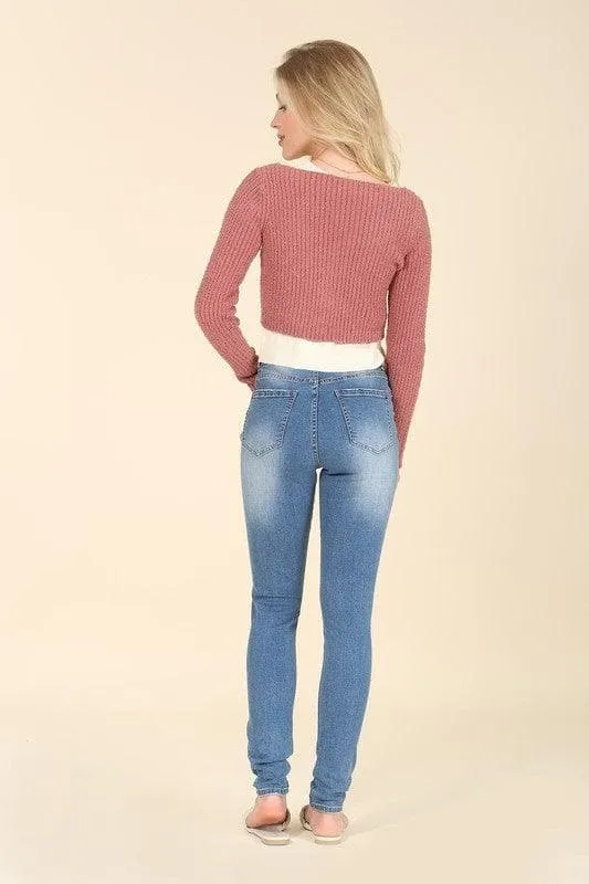 LILOU Dark Wash Distressed Skinny Jeans