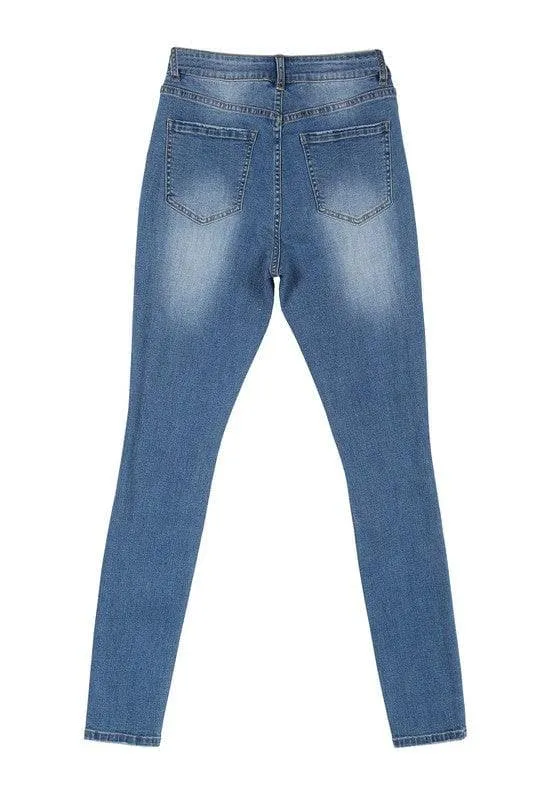 LILOU Dark Wash Distressed Skinny Jeans