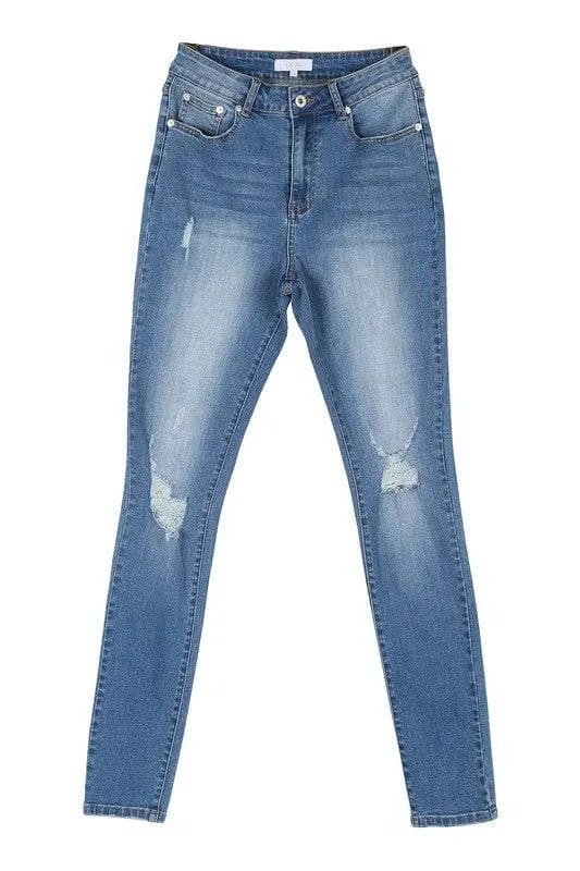 LILOU Dark Wash Distressed Skinny Jeans