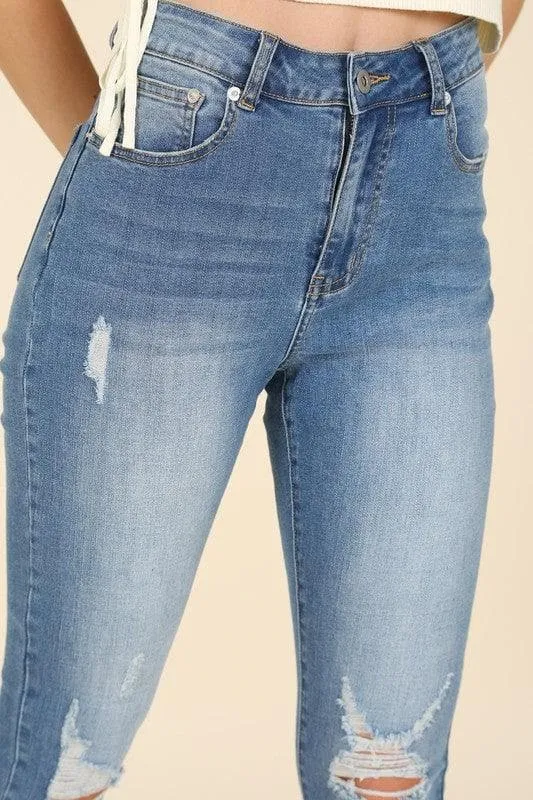 LILOU Dark Wash Distressed Skinny Jeans
