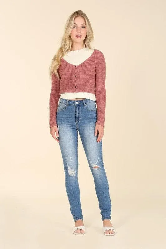 LILOU Dark Wash Distressed Skinny Jeans