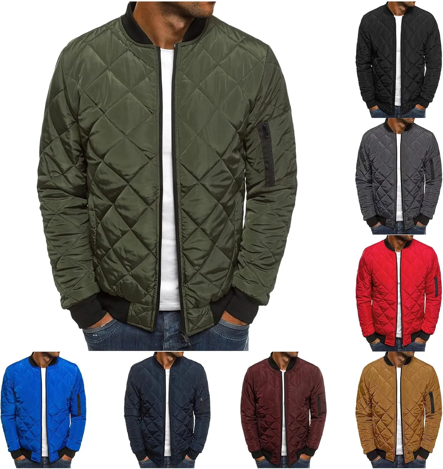 Mens Bomber Jacket Diamond Quilted Jackets Lightweight Varsity Winter Coat Warm Zip Up Cotton Padded Coats Outerwear