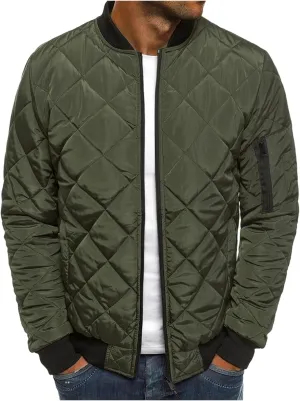 Mens Bomber Jacket Diamond Quilted Jackets Lightweight Varsity Winter Coat Warm Zip Up Cotton Padded Coats Outerwear