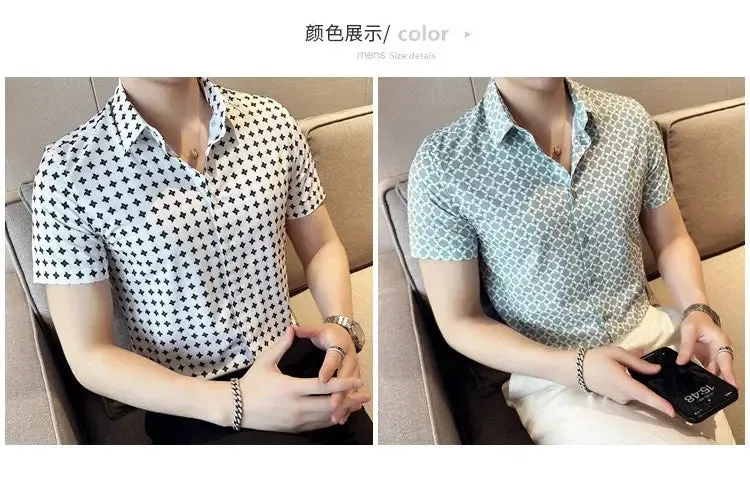 Men's Social Shirts Summer Korean Luxury Clothing Short Sleeve Print Shirts For Men Clothing 2024 Slim Fit Casual Blouse Homme
