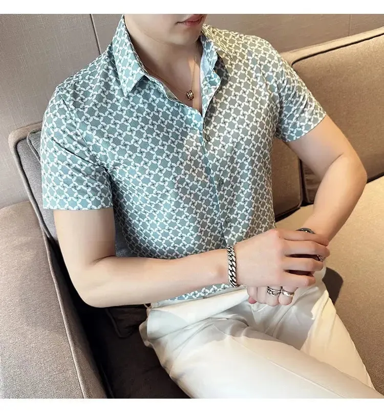 Men's Social Shirts Summer Korean Luxury Clothing Short Sleeve Print Shirts For Men Clothing 2024 Slim Fit Casual Blouse Homme