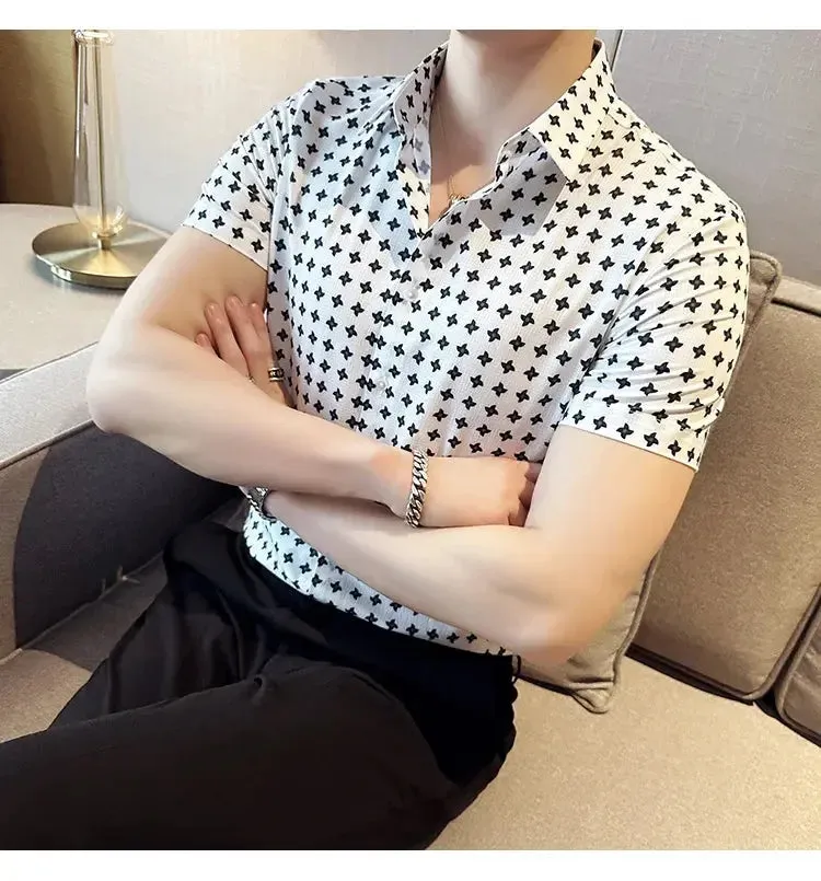 Men's Social Shirts Summer Korean Luxury Clothing Short Sleeve Print Shirts For Men Clothing 2024 Slim Fit Casual Blouse Homme