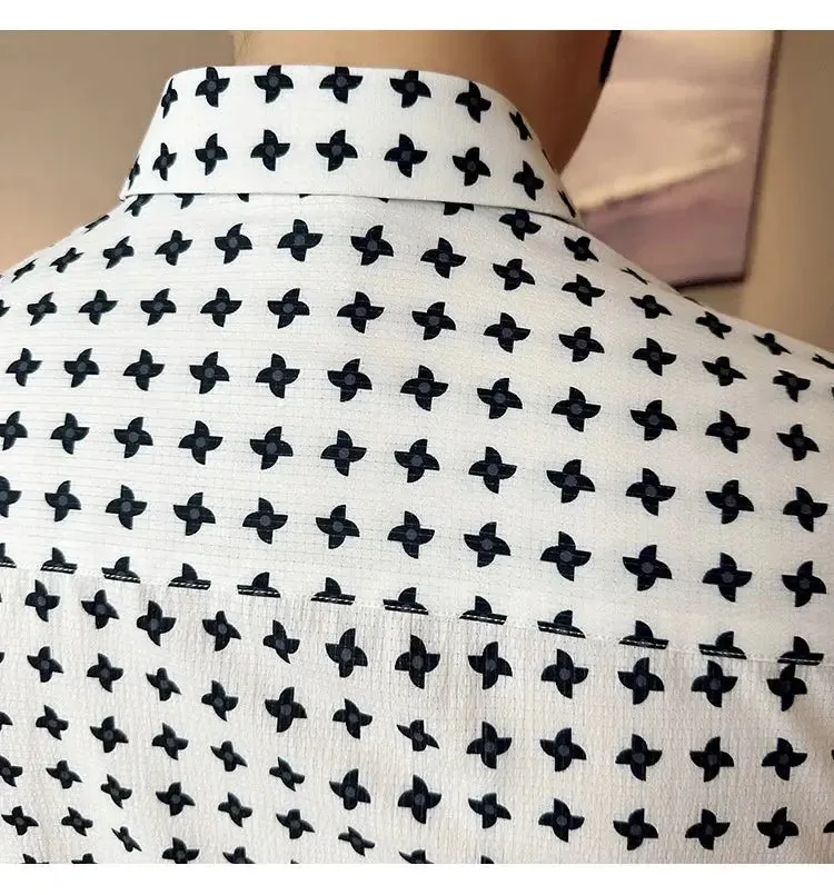 Men's Social Shirts Summer Korean Luxury Clothing Short Sleeve Print Shirts For Men Clothing 2024 Slim Fit Casual Blouse Homme