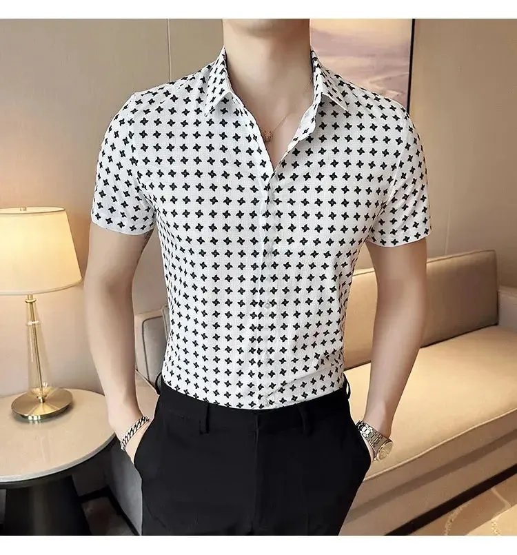 Men's Social Shirts Summer Korean Luxury Clothing Short Sleeve Print Shirts For Men Clothing 2024 Slim Fit Casual Blouse Homme