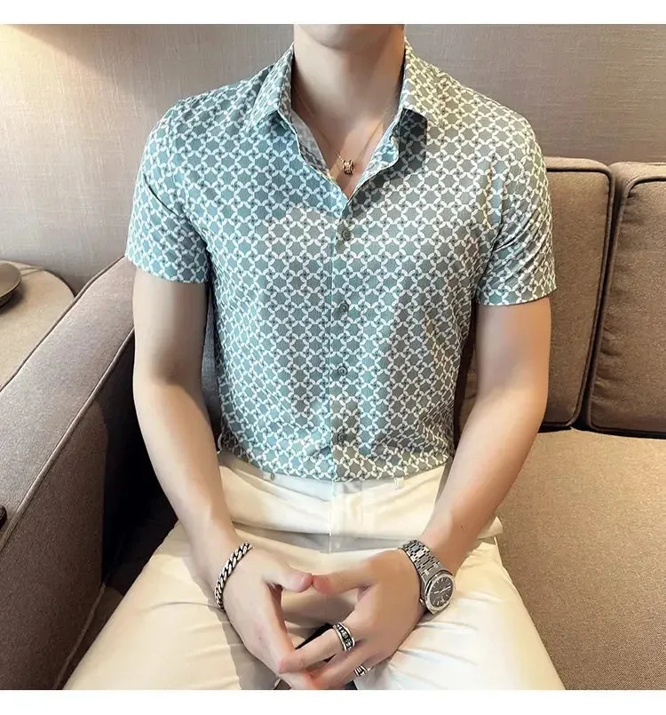 Men's Social Shirts Summer Korean Luxury Clothing Short Sleeve Print Shirts For Men Clothing 2024 Slim Fit Casual Blouse Homme