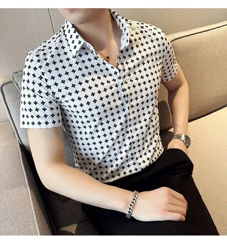 Men's Social Shirts Summer Korean Luxury Clothing Short Sleeve Print Shirts For Men Clothing 2024 Slim Fit Casual Blouse Homme