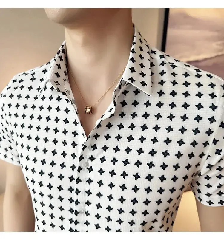 Men's Social Shirts Summer Korean Luxury Clothing Short Sleeve Print Shirts For Men Clothing 2024 Slim Fit Casual Blouse Homme