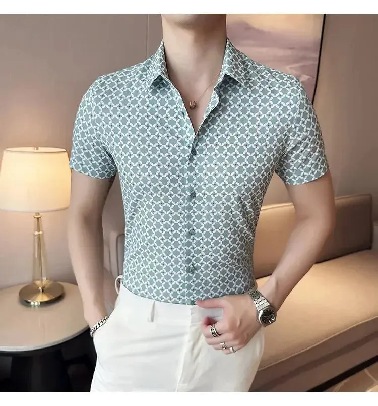 Men's Social Shirts Summer Korean Luxury Clothing Short Sleeve Print Shirts For Men Clothing 2024 Slim Fit Casual Blouse Homme