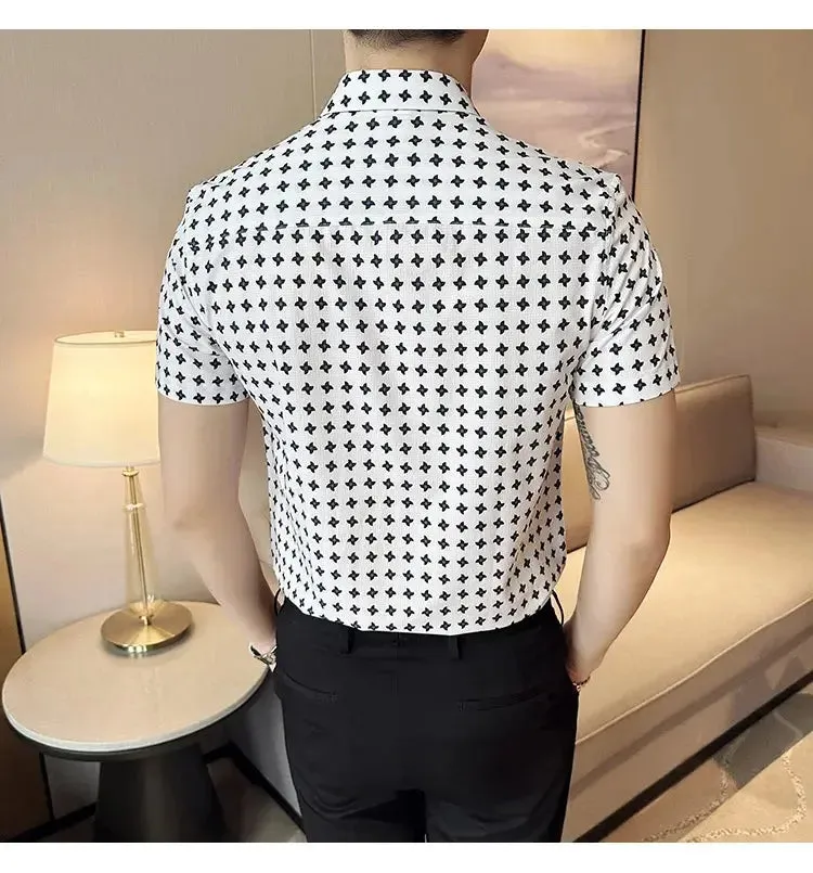 Men's Social Shirts Summer Korean Luxury Clothing Short Sleeve Print Shirts For Men Clothing 2024 Slim Fit Casual Blouse Homme