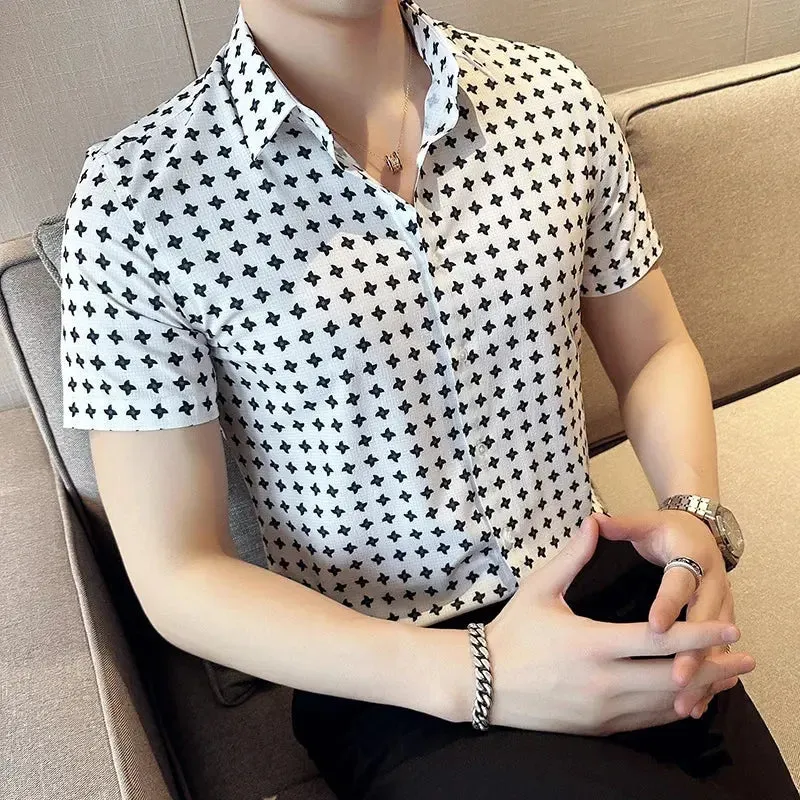 Men's Social Shirts Summer Korean Luxury Clothing Short Sleeve Print Shirts For Men Clothing 2024 Slim Fit Casual Blouse Homme