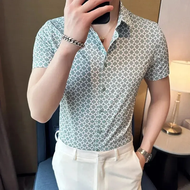 Men's Social Shirts Summer Korean Luxury Clothing Short Sleeve Print Shirts For Men Clothing 2024 Slim Fit Casual Blouse Homme