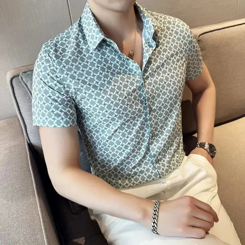 Men's Social Shirts Summer Korean Luxury Clothing Short Sleeve Print Shirts For Men Clothing 2024 Slim Fit Casual Blouse Homme