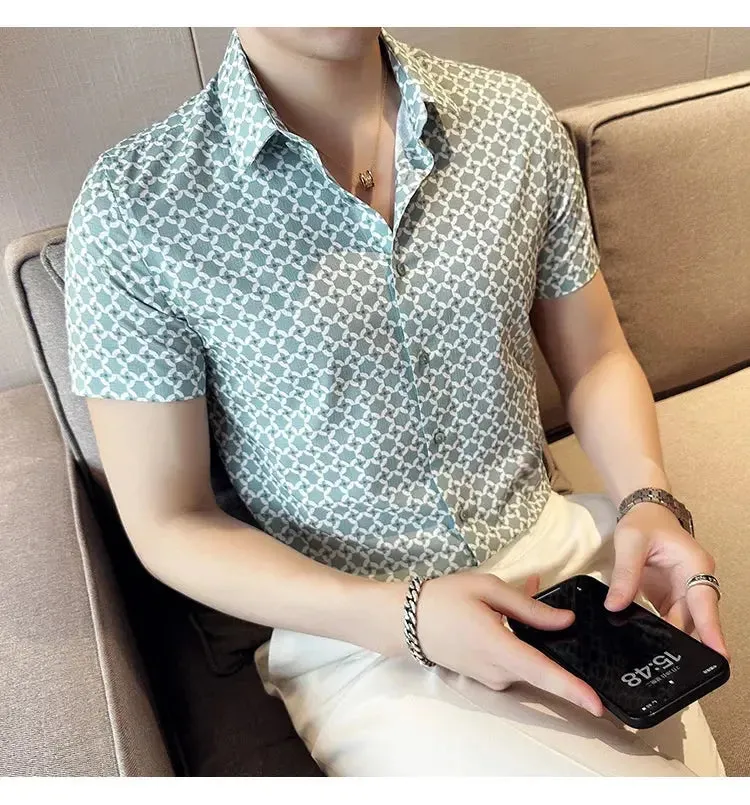 Men's Social Shirts Summer Korean Luxury Clothing Short Sleeve Print Shirts For Men Clothing 2024 Slim Fit Casual Blouse Homme
