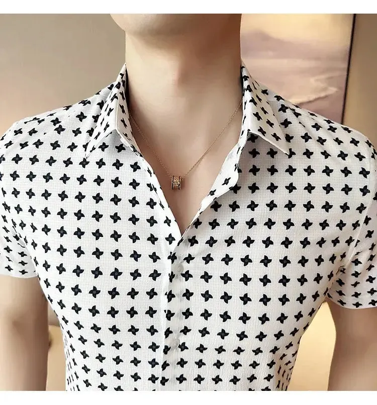 Men's Social Shirts Summer Korean Luxury Clothing Short Sleeve Print Shirts For Men Clothing 2024 Slim Fit Casual Blouse Homme
