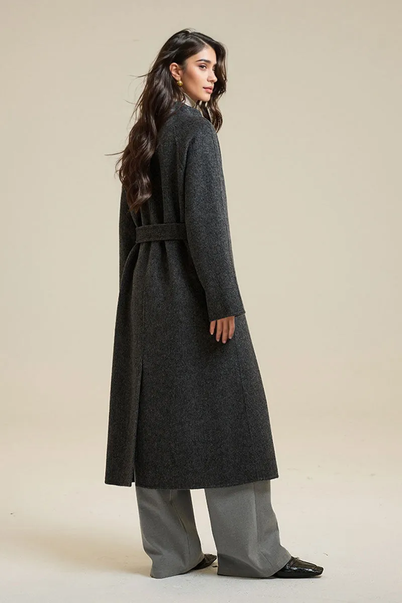 One-Button Double Faced Wool Wrap Coat with Belt
