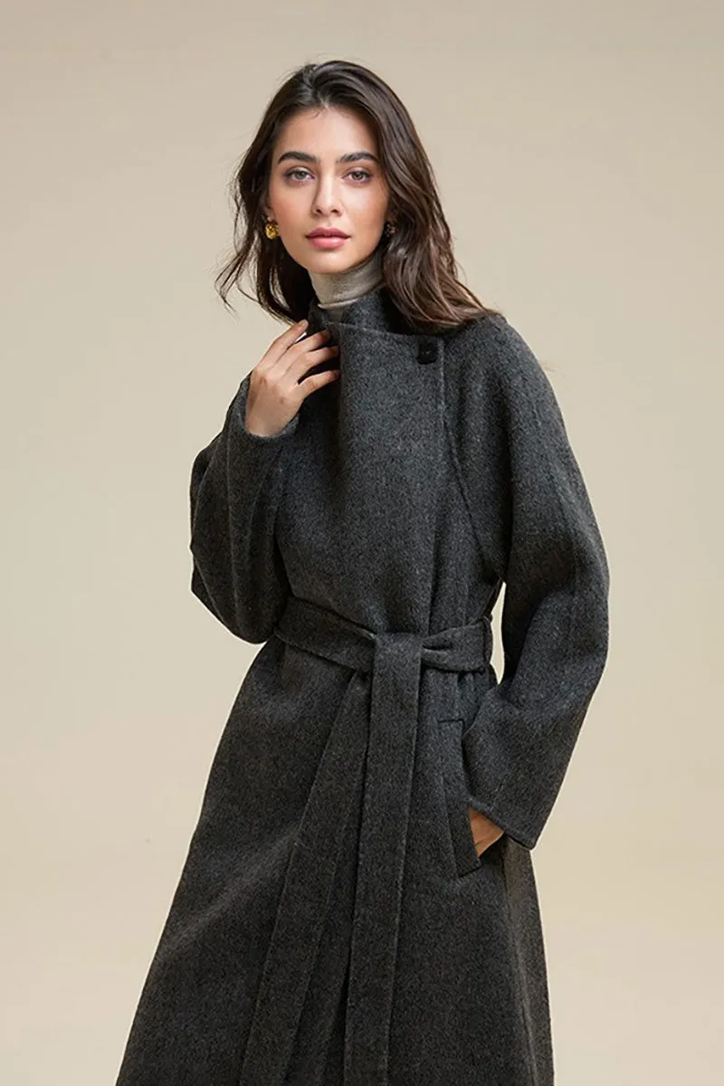 One-Button Double Faced Wool Wrap Coat with Belt