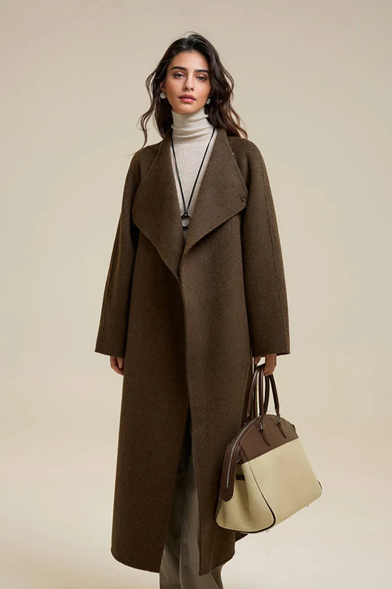 One-Button Double Faced Wool Wrap Coat with Belt