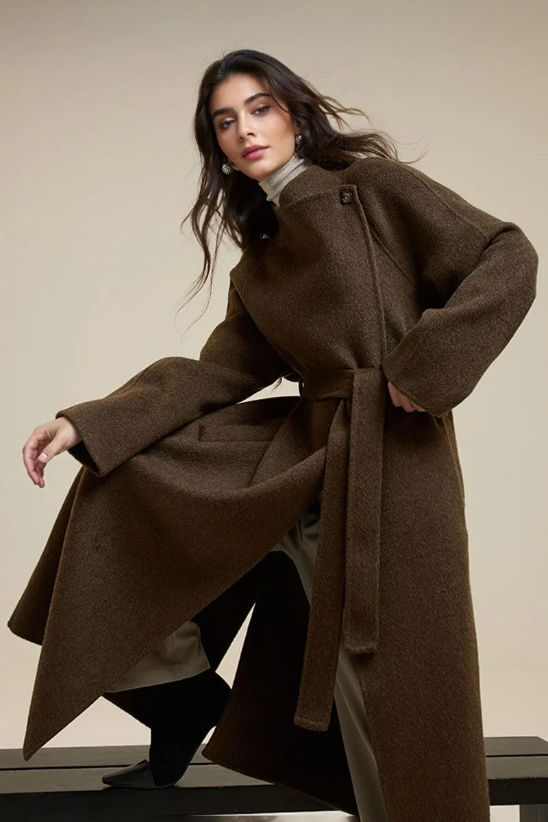 One-Button Double Faced Wool Wrap Coat with Belt